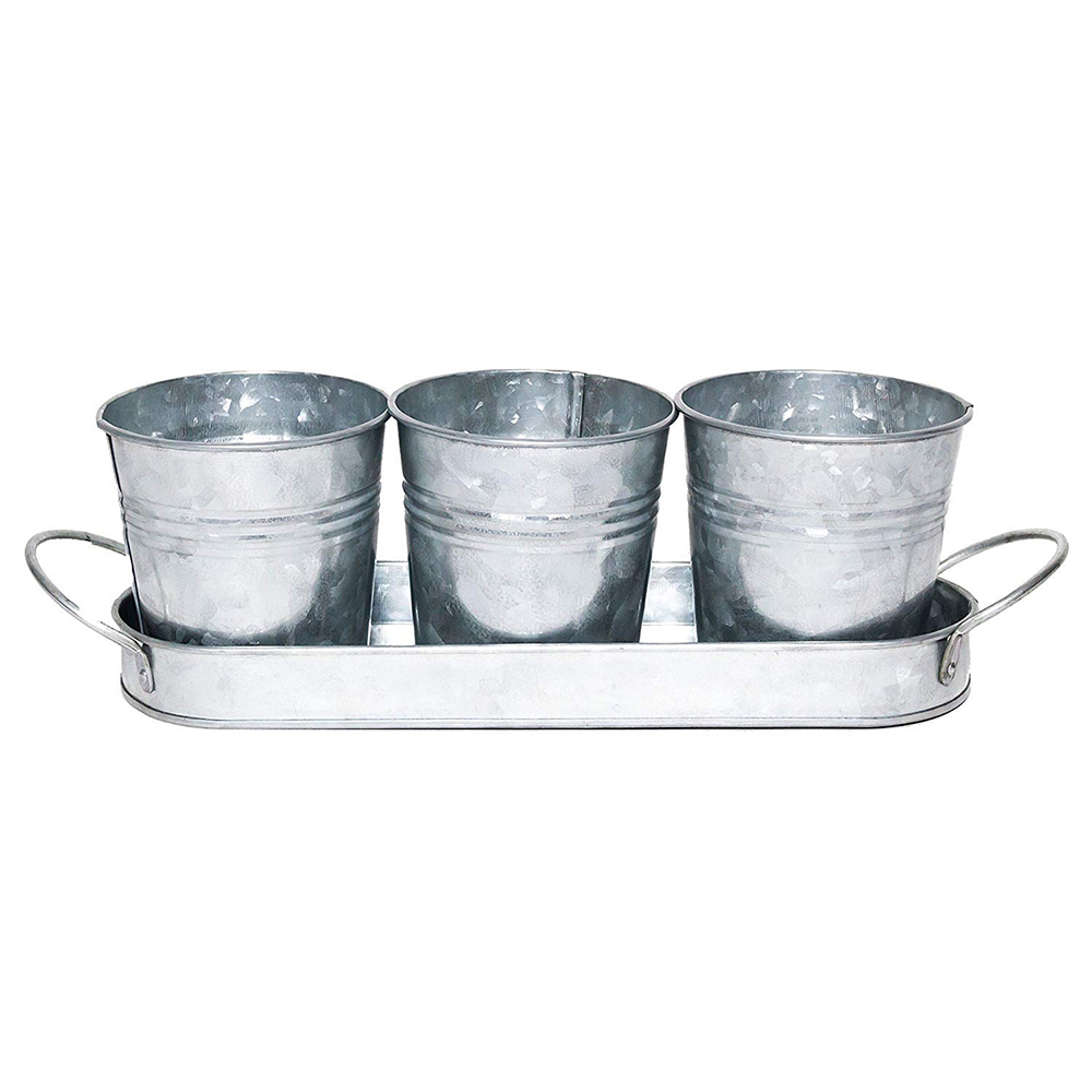 Vintage Finish Planter Pot Set | Galvanized Flower or Herb Pot Set with Tray/Caddy