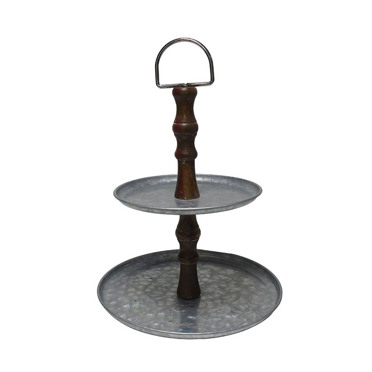 Rustic Galvanized Metal Double Tiered Tray Display Serving Stand with wood Handle