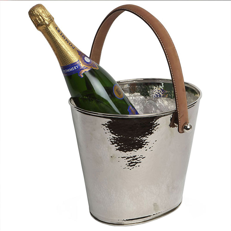 Hammered Effect Leather Handled Wine Cooler Holder Chiller Stainless Steel Champagne Ice Bucket