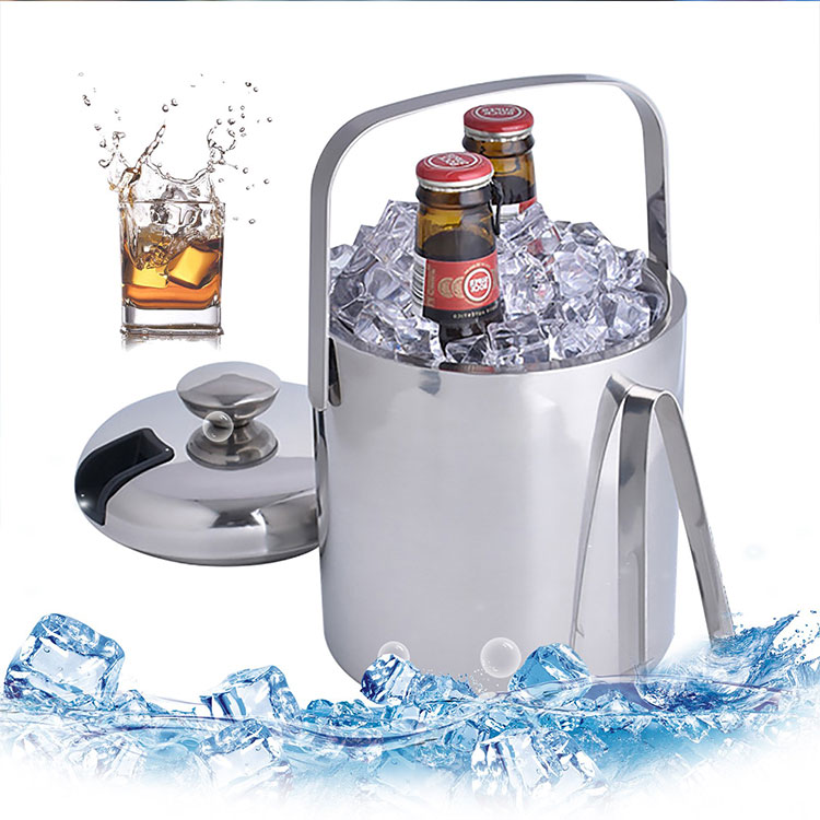 Silver 1.3L Double-Wall Insulated Ice Bucket Stainless Steel Ice Cube Beverage Wine Container