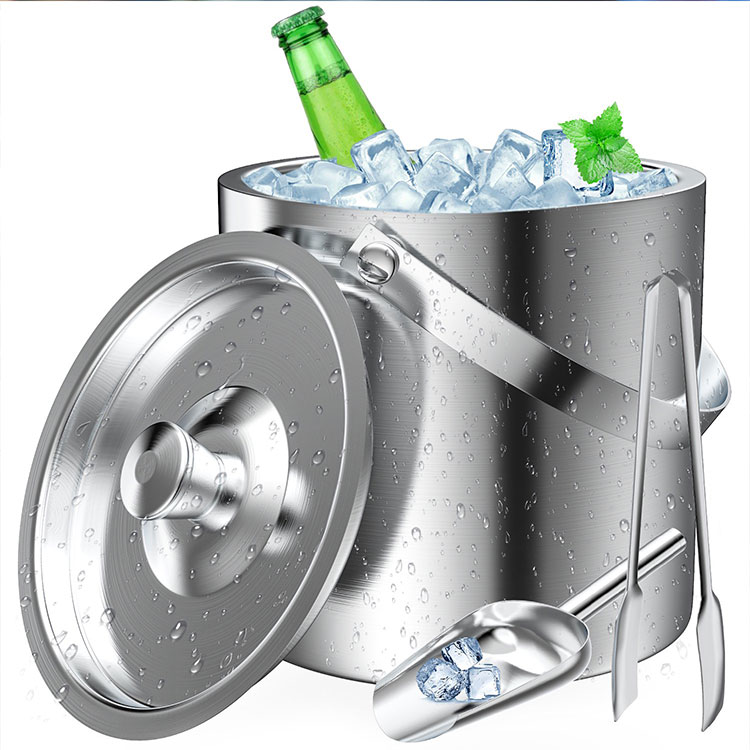 2L Stainless Steel Double Wall Insulated Ice Bucket with Ice Tongs and Shovel For Home Bar Party Gifts