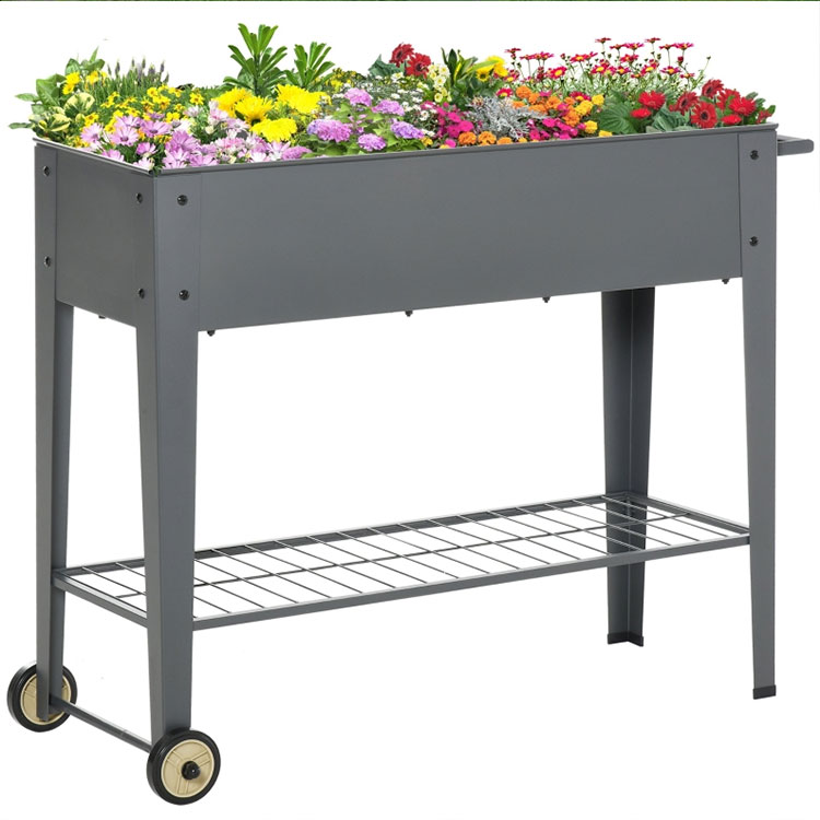 Outdoor Mobile Galvanized Metal Elevated Outdoor Planter Box Raised Garden Bed with Wheels and Bottom Shelf