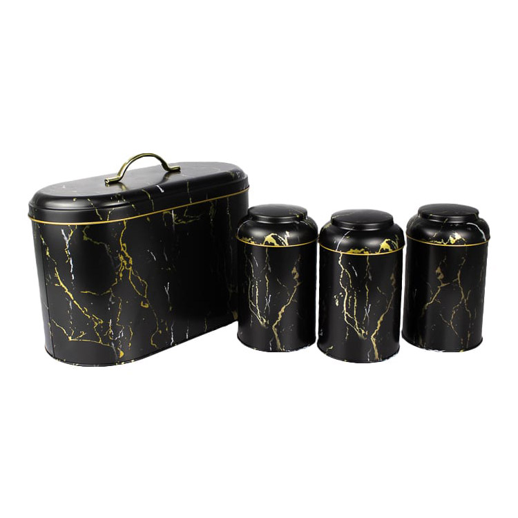 Marble Pattern Metal Bread Bin With Canister Set Bread Box Tea Coffee Sugar Canister for Kitchen Countertop