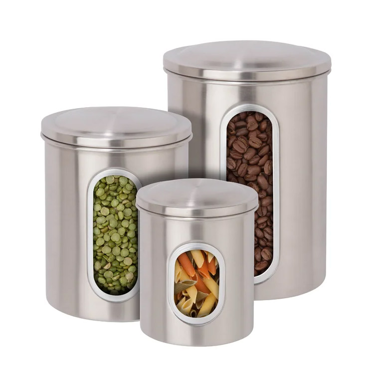 Stainless Steel 3PC Kitchen Canisters Set Food Sugar Coffee Tea Candy Storage Jars with Transparent Windows