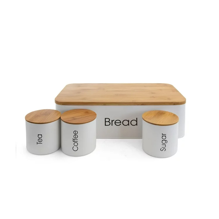 White Kitchen 4 Piece Bread Bin Storage Container and Organization Tea Coffee Sugar Canister Set With Bamboo Lid